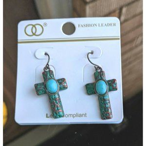 Patina Antique Style Cross Stone Accent Drop Hook Earrings Fashion Jewelry